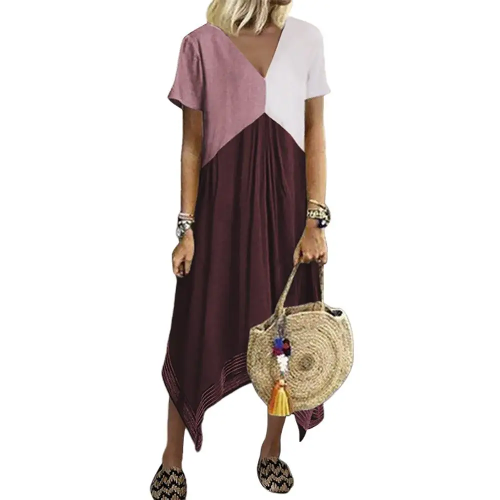 

Casual Women's Short Sleeve Sexy V Neck Geometric Stitching Irregular Hem Large Midi Dress 2022 Fashion New