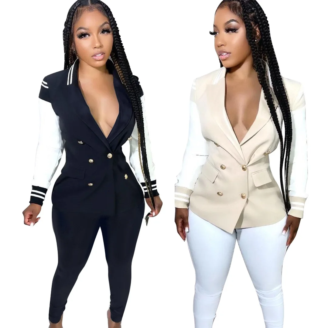 

Sexy Patchwork Blazer Top 2 Piece Casual Outfits Women Long Sleeve Turn Down Collar V Neck Jacket and Long Leggings Pants 2022