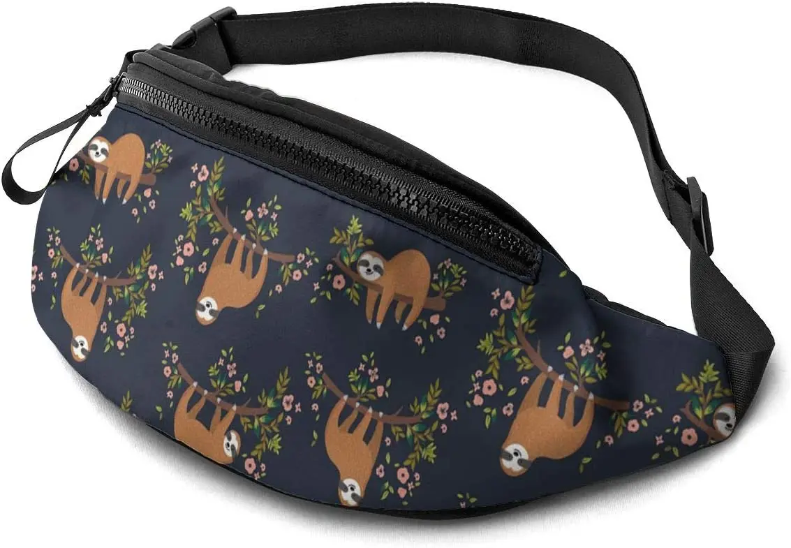 

Funny Cute Sloth On Tree Branch Waist Bag with Headphone Hole Belt Bag Adjustable Sling Pocket Fashion Hip Bum Bag Cycling