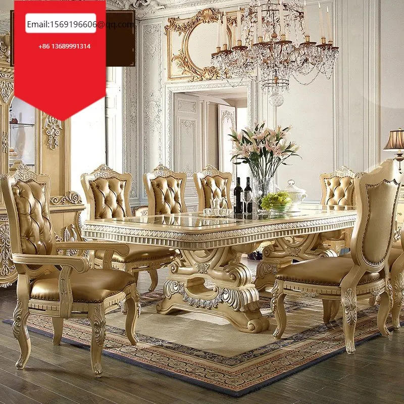

European-style dining table, chair and wine cabinet combination French solid wood carved luxury restaurant court customization