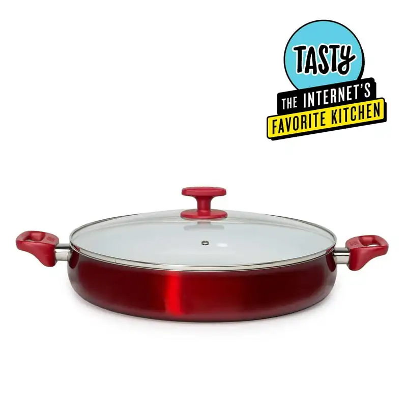 

-Reinforced Non-Stick Centerpiece Pan with Glass Lid, Red, 14 Stainless steel Cookware Kitchen accessories Pankake pan Pancake p
