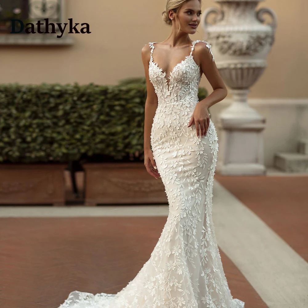

Dathyka Modern V-Neck Lace Mermaid Wedding Dress For Mariages Spaghetti Strap Bodycon Vestidos De Novia Brautmode Made To Order