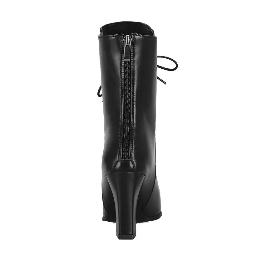 Winter Women Mid-calf Boots High Chunky Block Heels Pointed Toe Black White Wedding Party Office Lady Lace-up Zipper Short Boots