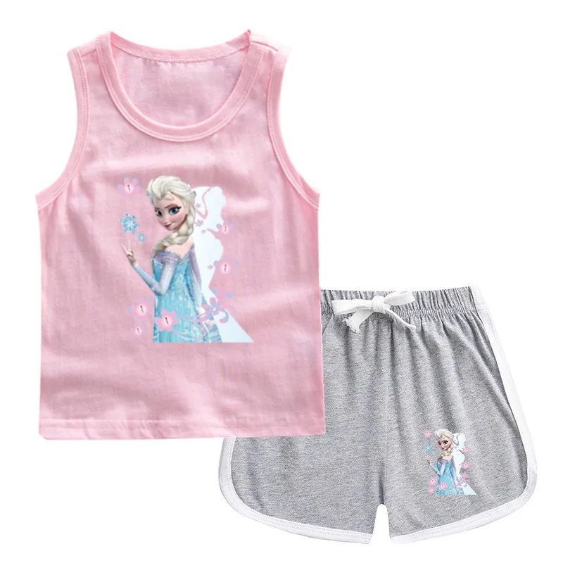 

Summer Kids Clothes Frozen Elsa Princess Toddler Girls Clothing Set Vest&shorts Two Piece Sport Outfits Teenagers Children Suit