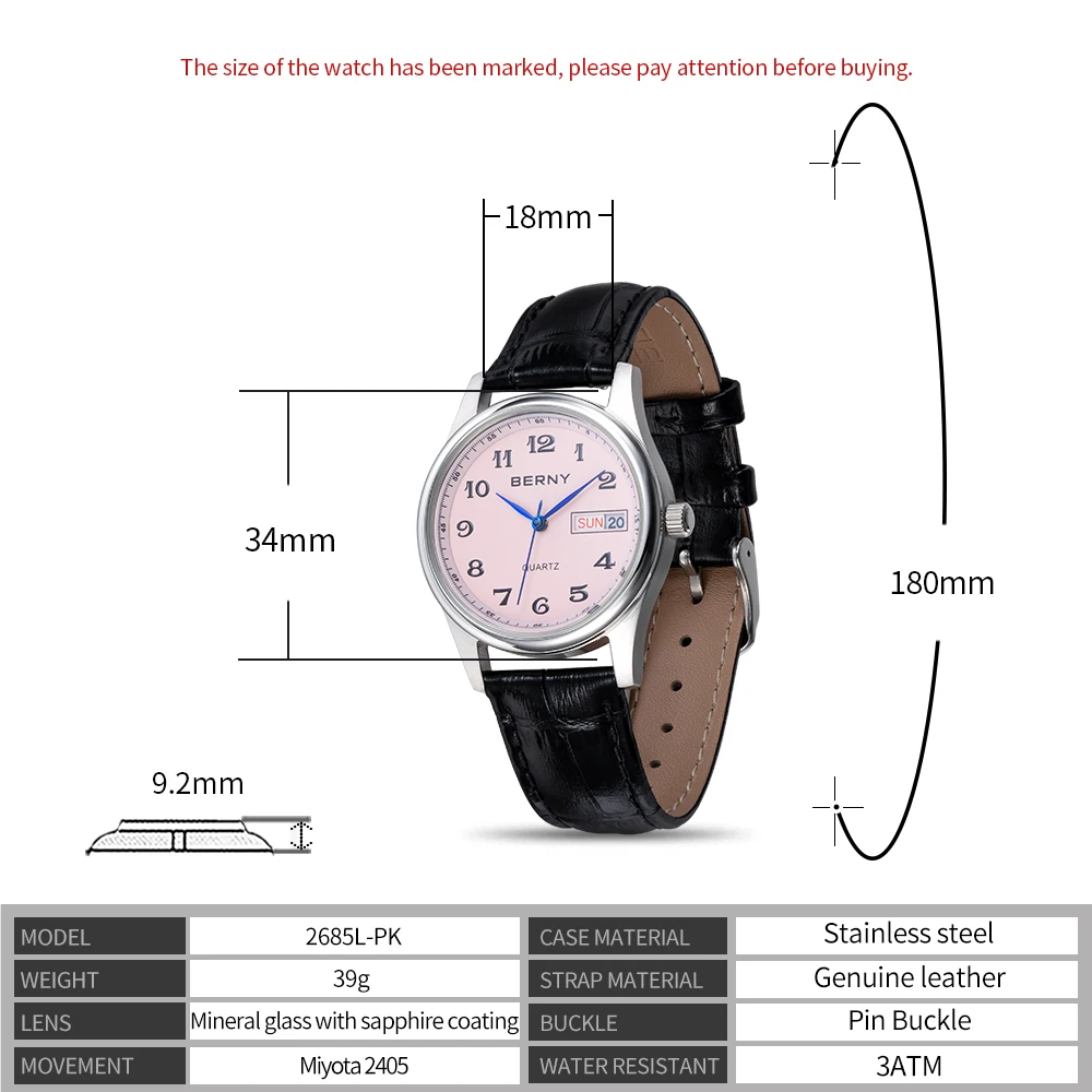 BERNY Miyota 2405 Quartz Watch for Women Day Date Calendar Classic Genuine Leather Lady Watches Waterproof Business Wristwatch