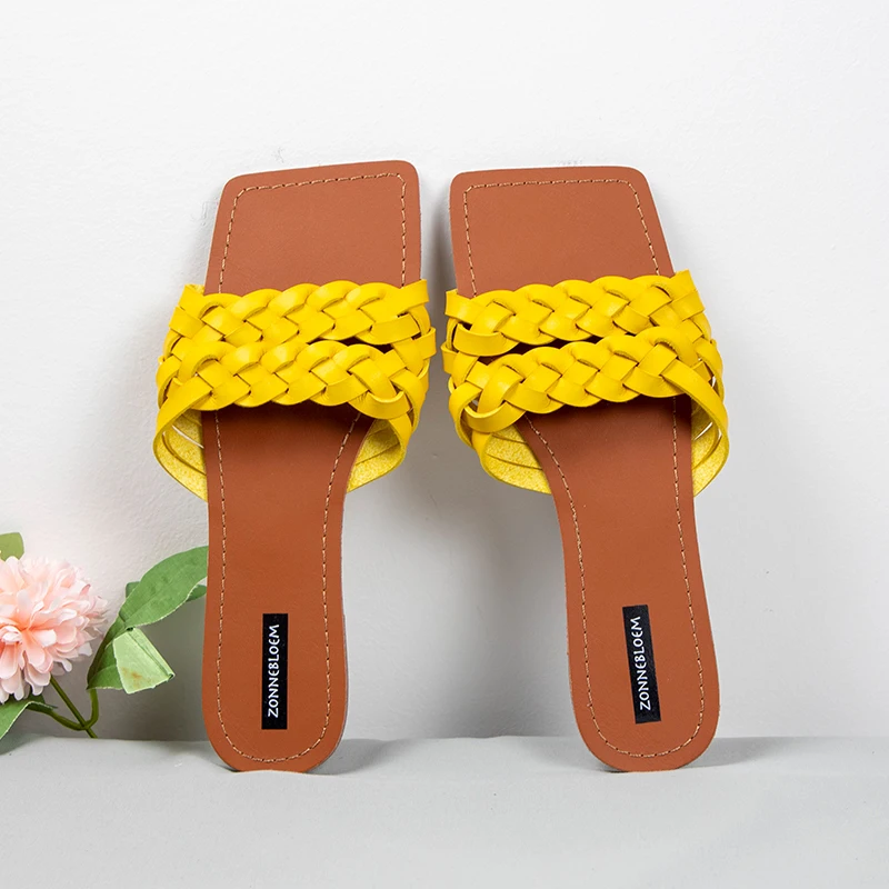 

Square Toe Flat Women Sandals 2022 Summer Fashion Weave design Slip on Slides Outdoor Beach Slippers Woman Solid Color Size 39