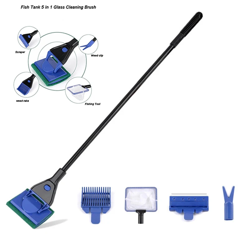 

Aquarium Cleaning Tools 5 in 1 Aquarium Tank Clean Set Fish Net Gravel Rake Algae Scraper Fork Sponge Brush Glass Cleaner