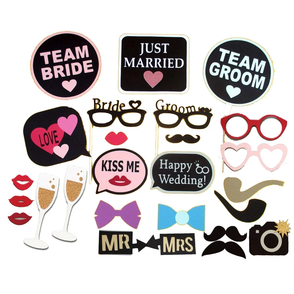 

26pcs Wedding Party Photo Booth Props Mask Beard Bride Groom Party Decoration