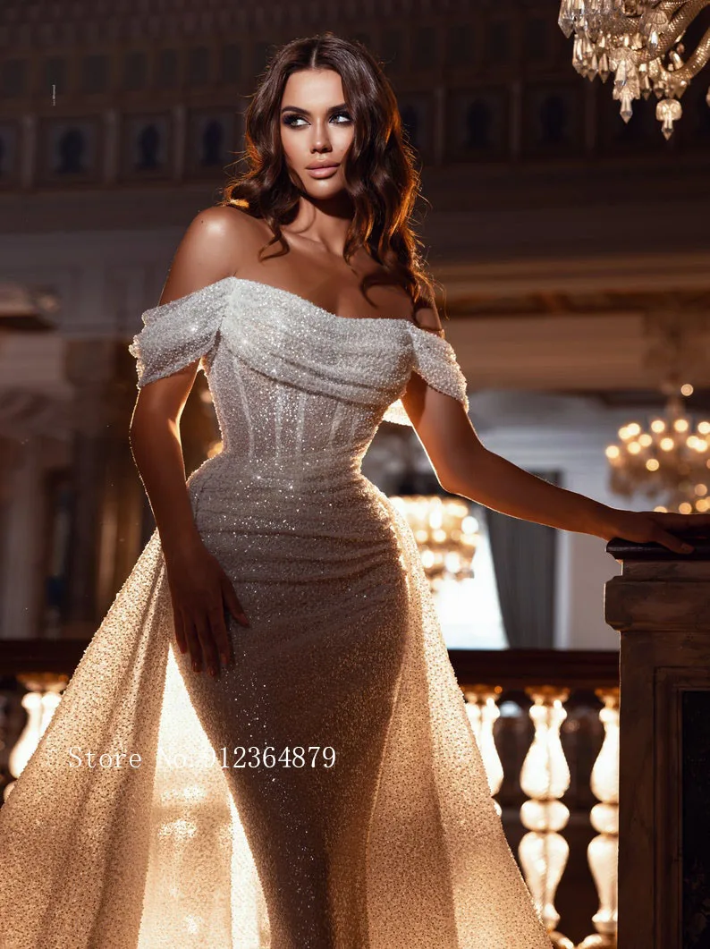 Elegant Mermaid Wedding Dress Off The Shoulder Sparkle Sequined Boning With Detachable Skirt 2 In 1 Bridal Dress images - 6