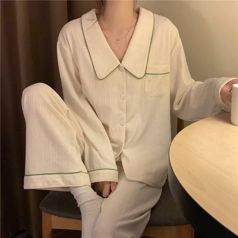 

Spring Autumn Women Girl Fashion Long Pajamas Sets Solid Color Faux Cotton Sleepwear Home Clothes