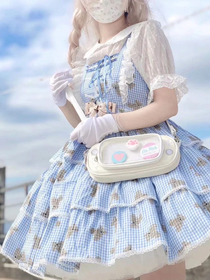 

Waffle Bear Original Design Cute Girl Woman Lolita JSK Dress Plaid Checks Bubble 3Layers Suspender Party Dress
