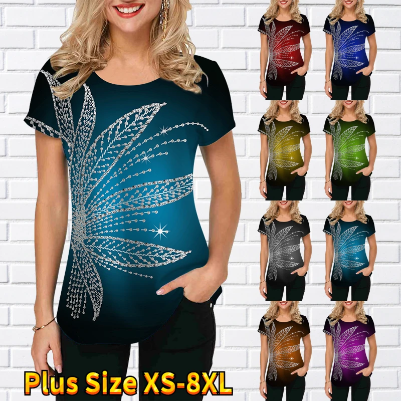 

Printed Round Neck Summer Floral T-Shirts Women's T-Shirts Women's Top Fashion Breathable Round Neck T-Shirts Short Sleev XS-8XL