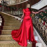 eeqasn red mermaid satin prom dresses saudi arabia sleeves sweep train evening gowns women party formal bridesmaid dress 2022