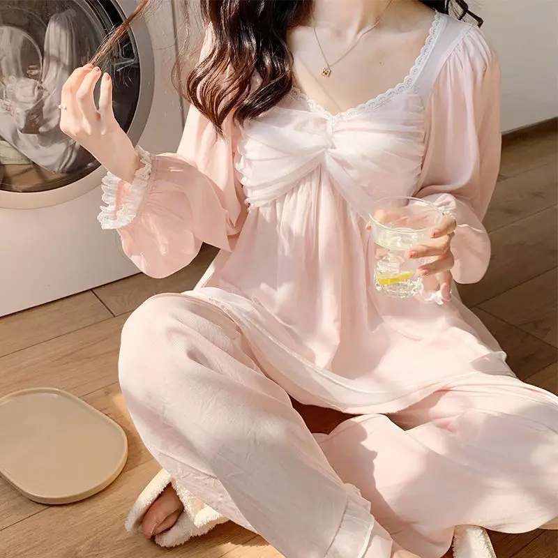 1 White gauze lovely ladies pajamas autumn new bow cotton long sleeve leisurewear suit in the spring and autumn