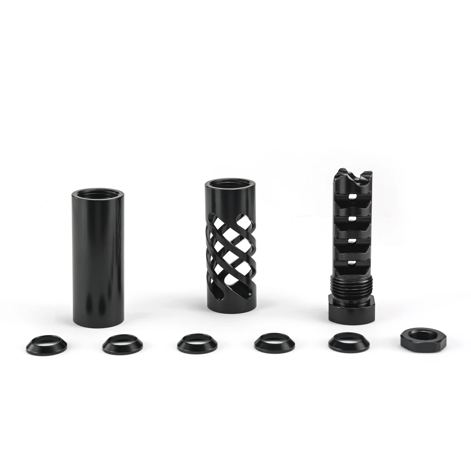 

Spiral 304 Stainless Steel CNC Muzzle Brake 5/8-24RH to 13/16-16 Outer Sleeve With Washer + Nut For .308 Compensator 40 .45 ACP