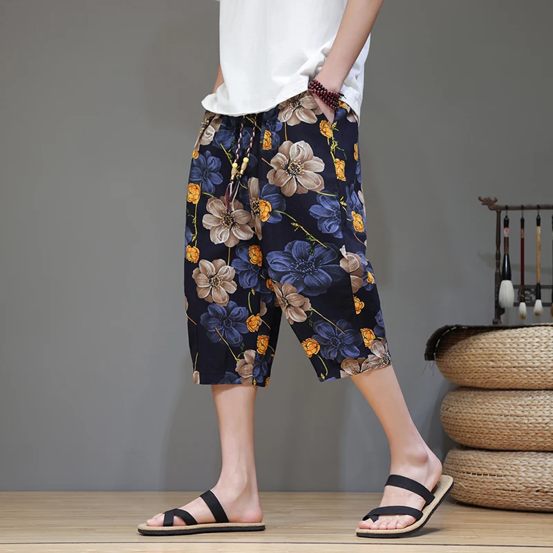 Летние новые хлопковые и льняные укороченные повседневные шорты в китайском