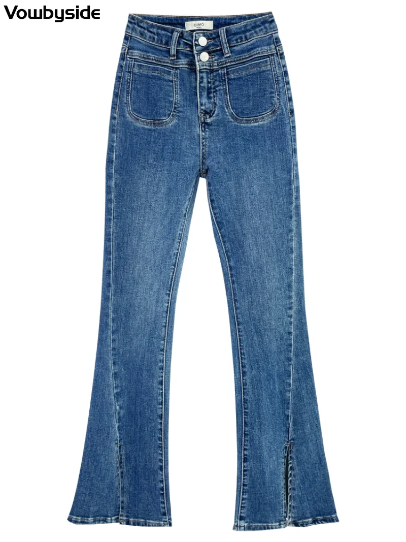 Весенне-осенние женские повседневные джинсовые брюки с карманами и высокой талией, облегающие модные брюки-клеш