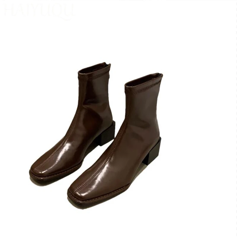 Женские кожаные ботильоны с квадратным носком дизайнерская модная повседневная