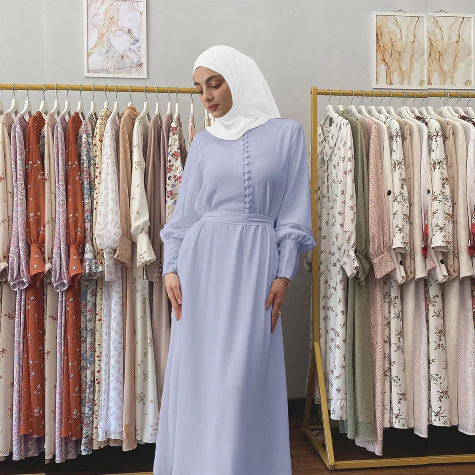 

Dresses for women 2022 Women's Casual Solid Muslim Dress Abaya Islamic Arab Kaftan Dress Long Sleeves Muslim Robe Soft Elegant