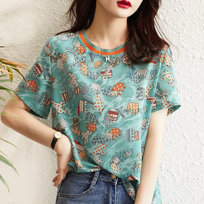 

Summer Women Short Sleeve Print Green Tees Women Fashion Summer T Shirts Femme Printed green Tops