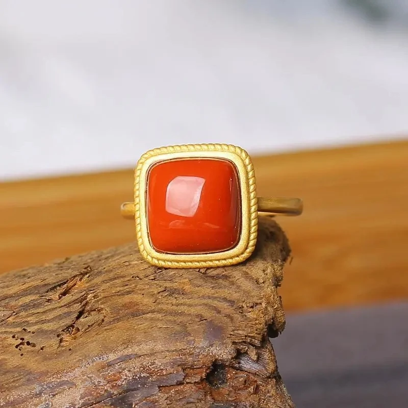

Classic South Red Tourmaline Square Opening Adjustable Ring Chinese Classical Unique Ancient Gold Craft Women's Jewelry