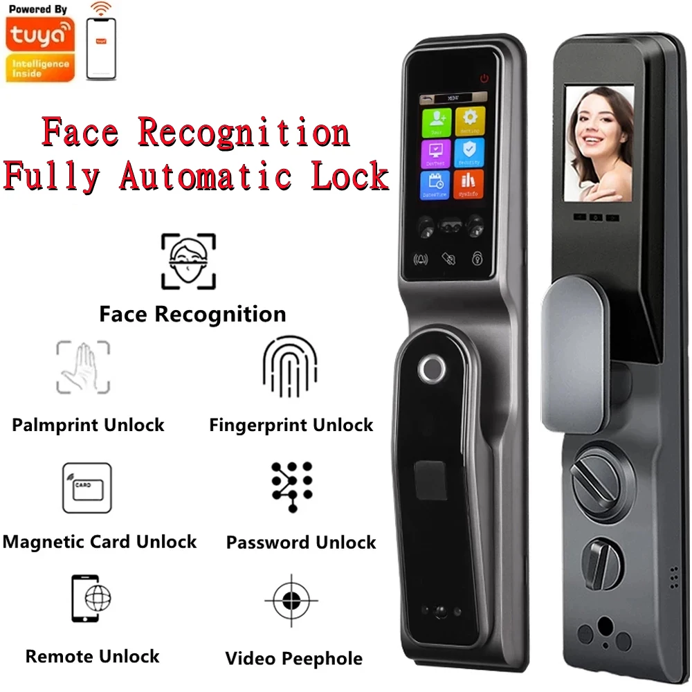 

TUYA WIFI Phone Unlock Face Recognition Smart Door Lock With Camera Fingerprint Palm Print Magnetic Card Password Key