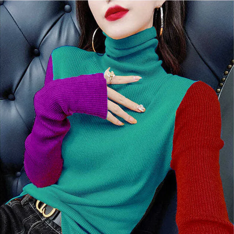 

Fashion Turtleneck Long Sleeve Knitted Spliced Color Sweater Women's Clothing 2022 Autumn New Loose Casual Pullovers Korean Tops