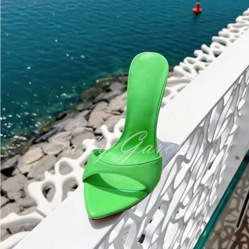 Red Pointed Toe Stiletto Heel Slippers Sexy Solid Slip-on Thin High Heel Sandals Women Dress Shoes Green Outdoor Size 46