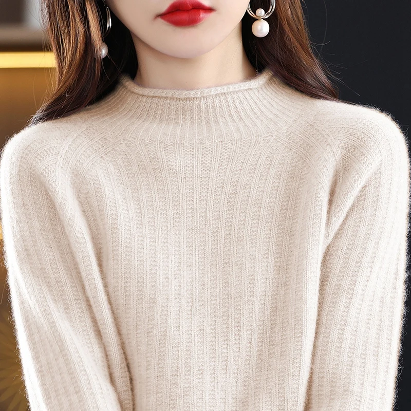 

Autumn and Winter Women's Curled Half High Collar Straight and Reverse Knitted Pattern Warm and Comfortable Wool Sweater N2198