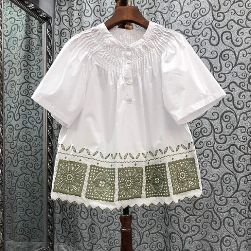 100%Cotton Blouse 2022 Spring Summer Fashion White Dark Blue Green Tops High Quality Women Exquisite Embroidery Tops Casual