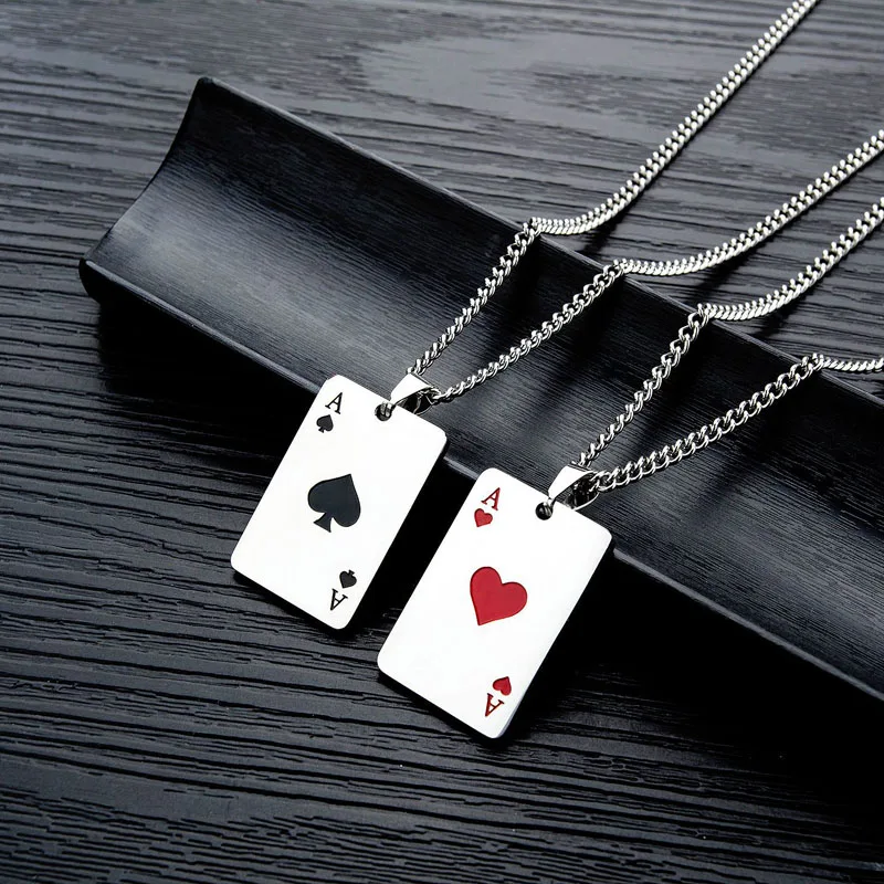

Men Statement Poker Lucky Ace of Spades Pendant Necklace Red Black Silver Color Stainless Steel Long Chain Necklaces Jewelry