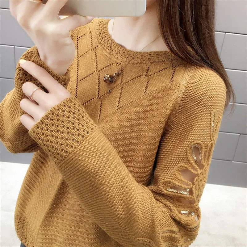 

2023 New Women's Pullover, Fashion Hollow Solid Color, Long-Sleeved Round Neck Sweater, Cardigan, Short Stitching, Versatile Top