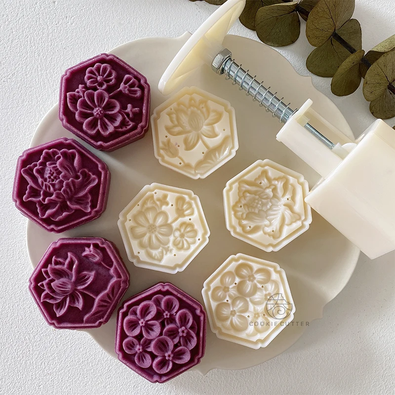 

4Pcs/Set 50g Hexagonal Flower Mooncake Mold Lotus Hydrangea Peony Camellia Mung Bean Pastry ABS Pladtic Baking Mold Decorator