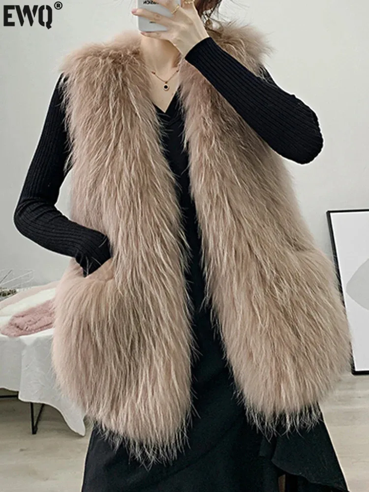 

Женский уличный жилет средней длины [EWQ], Черный Элегантный жилет без рукавов из искусственного лисьего меха енота, средней длины, Осень-зима 2023