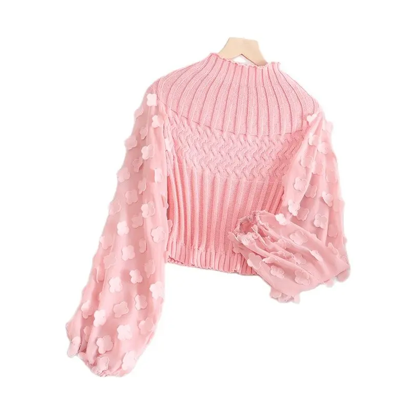 

Autumn Women Half Turtleneck Knitted Pullovers Petal Mesh Patchwork Sweater Female Lantern Sleeve Knitwear Short Tops AB1912