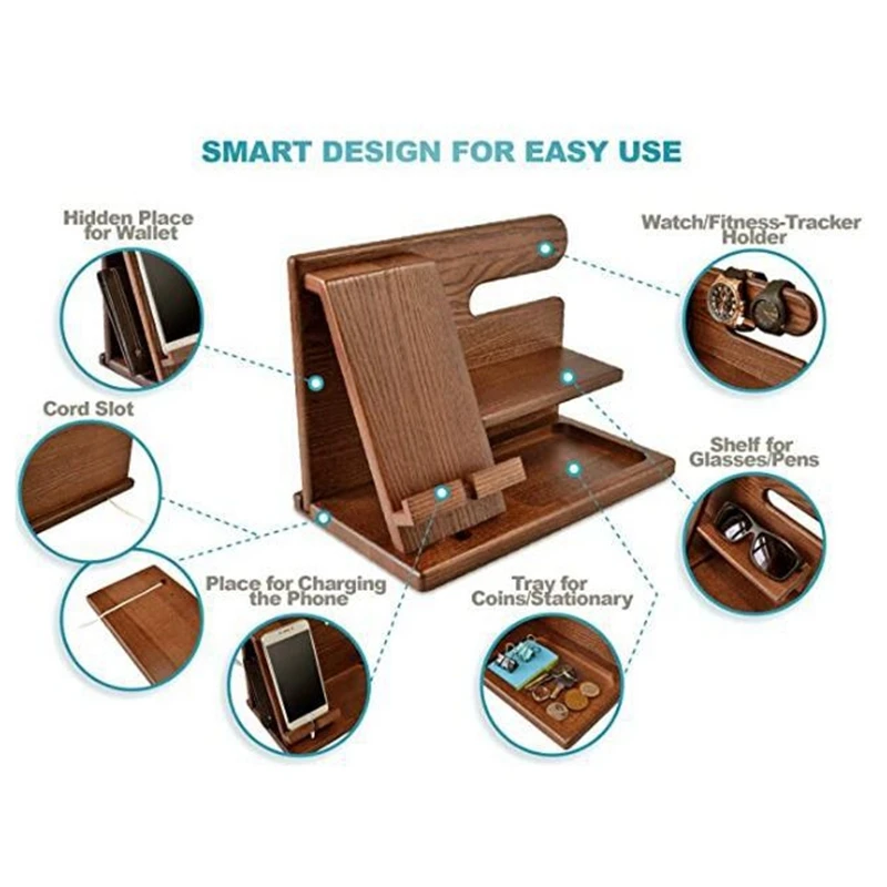 

2X Wood Phone Docking Station Ash Key Holder Wallet Stand Watch Organizer Men Gift Graduation Male Travel Idea Gadgets