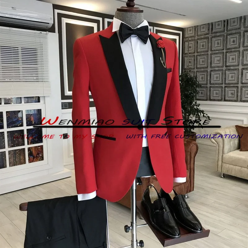 Red Men's Wedding Groom Tuxedo Formal Point Lapel Jacket 2 Piece Homme Blazer Pants Slim Fit Suit for Men