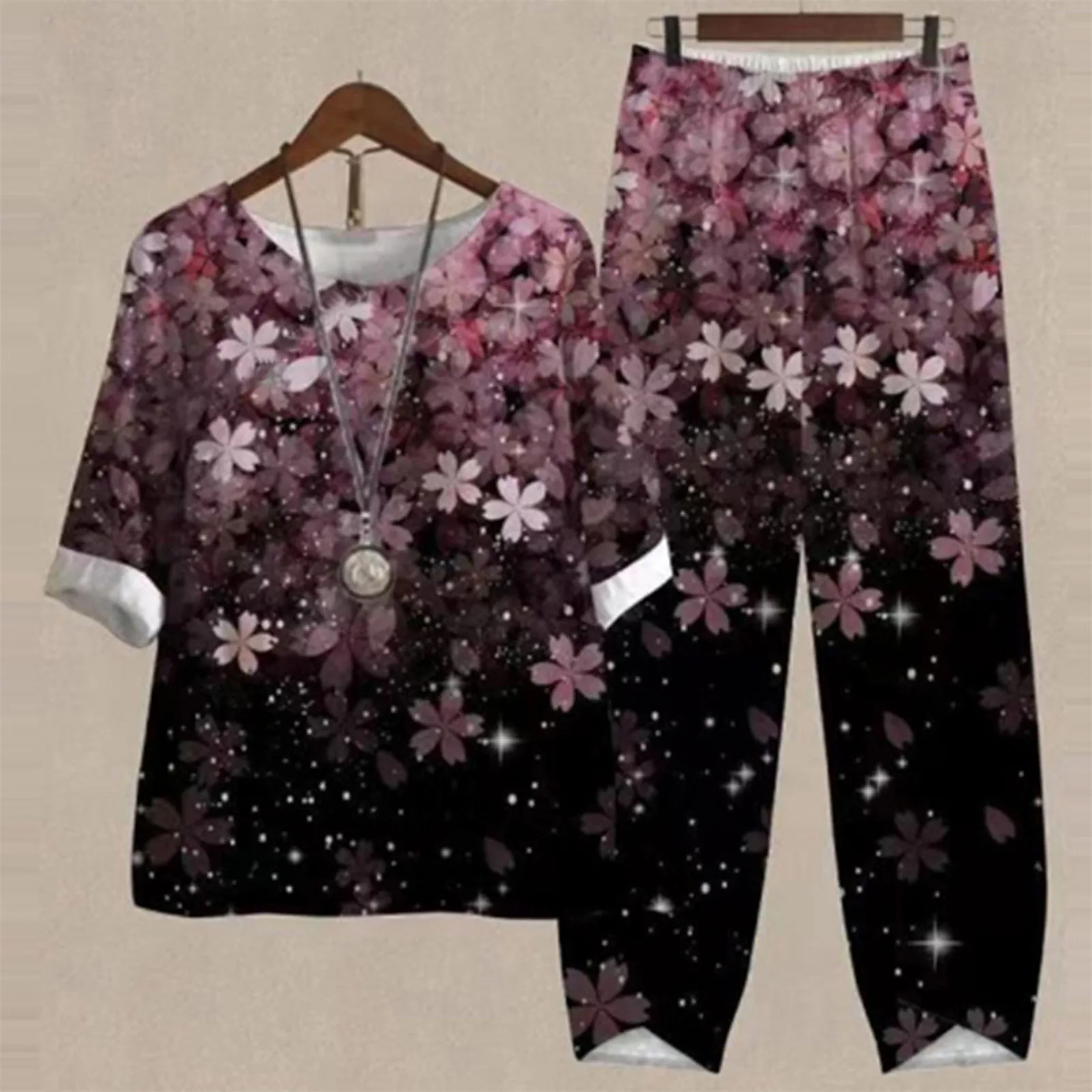 

Women Two Piece Suit Retro Sakura Sweet Print Boho Faux Linen Blouse Tops Pants Set Summer Lounge Short Sleeve Female Outfits