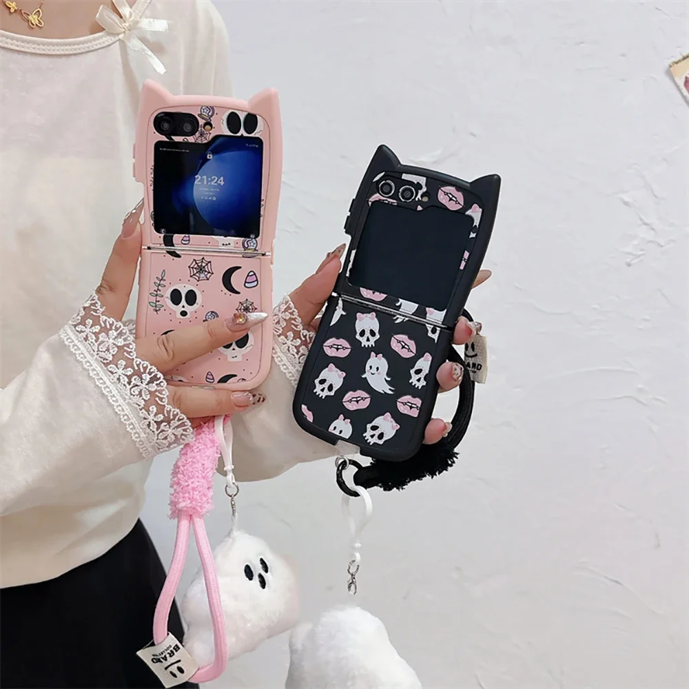 Розовый череп плюшевый призрак со шнурком чехол для телефона с 3D ушками и котом
