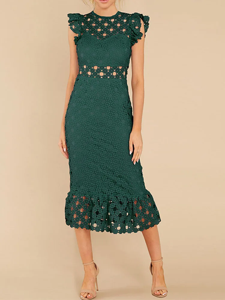 

Женское кружевное платье миди с круглым вырезом и рукавами-лепестками