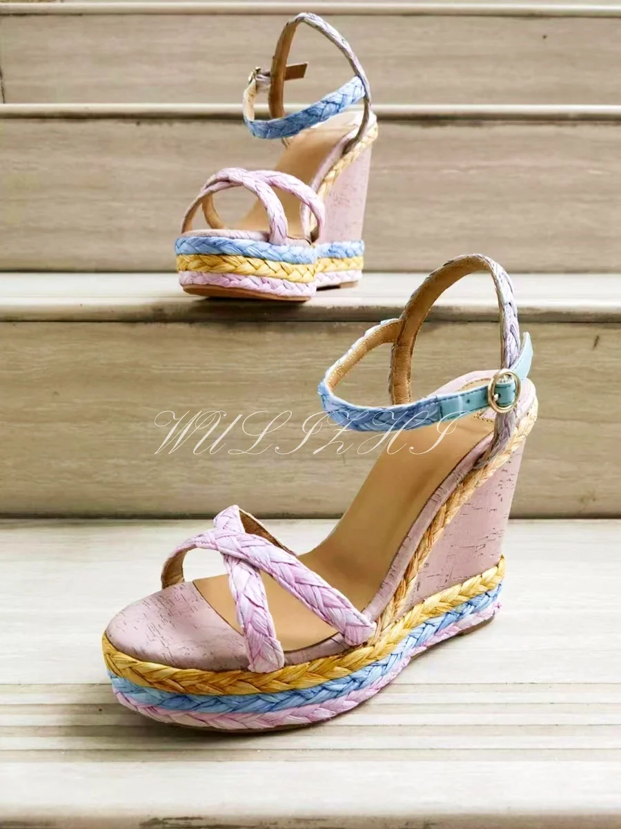 Women's Pink Woven Wood Pattern Wedge Sandals New Watermelon Color Open Slingback Platform Heels Cute Espadarille Fashion Shoes