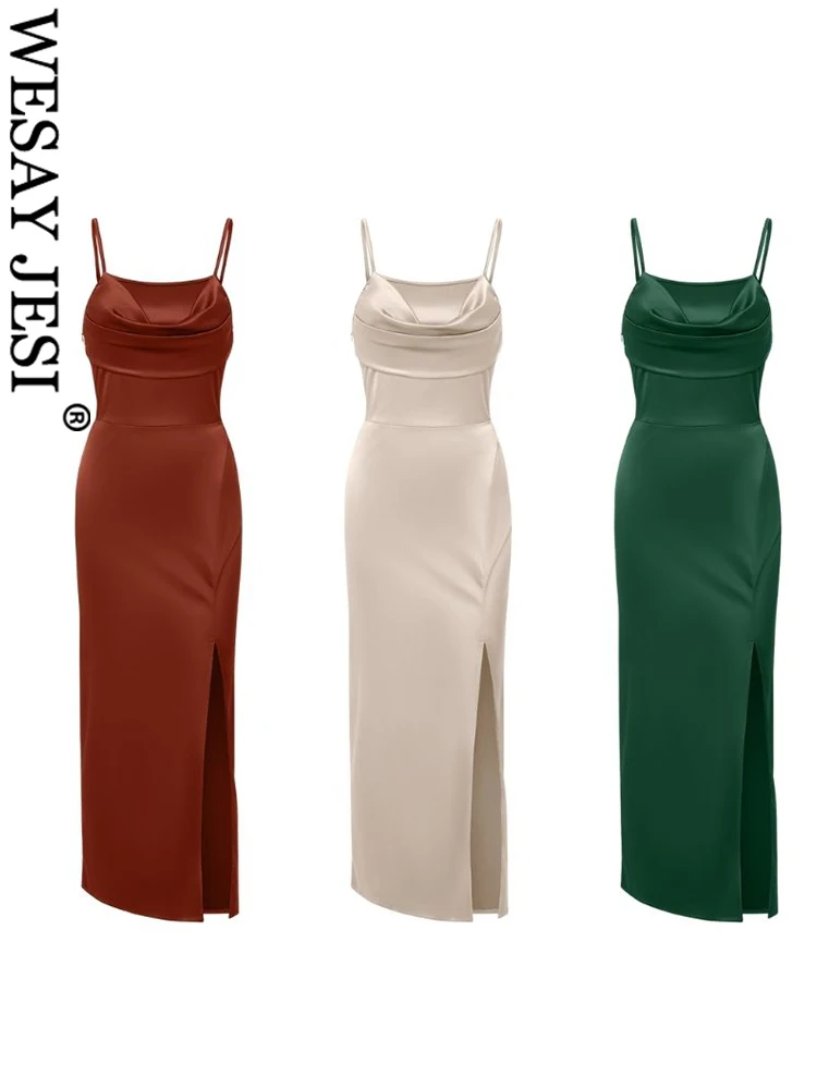 

WESAY JESI Women's Sleeveless Spaghetti Side Slit Cowl Neck Maxi Bodycon Dresses Party Long Dresses Summer Satin Dress Sexy Pro