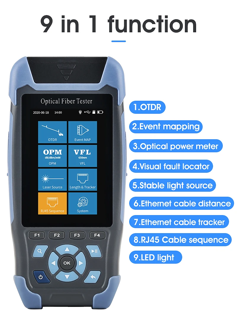 

APC UPC OTDR Fiber Optic Reflectometer with 9 Functions VFL OLS OPM Event Map 22/24dB for 64km Cable Ethernet Tester FTTH