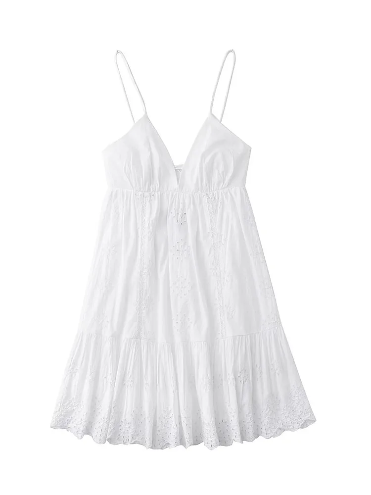 

XEASY Women Hollow Embroidered Sling Dress 2022 Summer Deep V Leaky Back Sexy Nightclub Party Dress Ladies Elegant Chic Dress