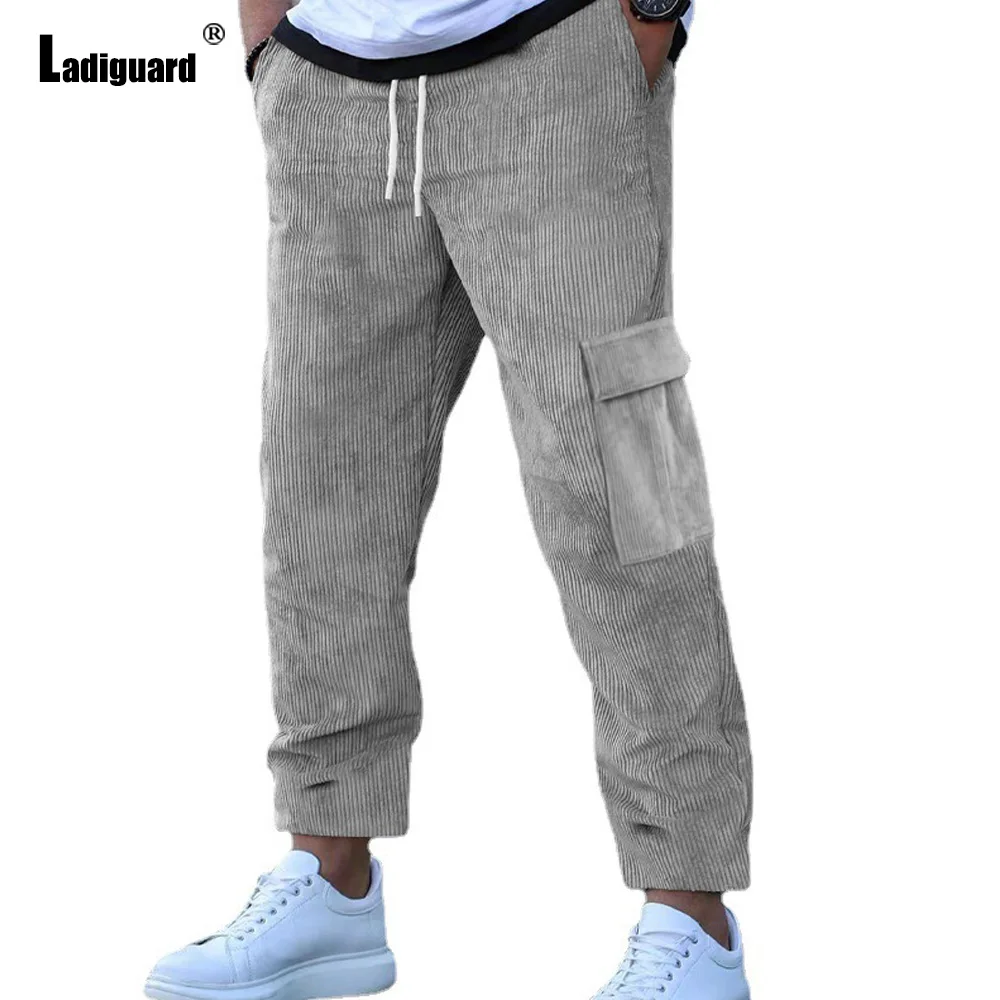 

Ladiguard 2023 Men's Pocket Design Corduroy Pants Solid Elastic Waist Cargo Trouser Plus Size 3xl Mens Casual Ruched Sweatpants