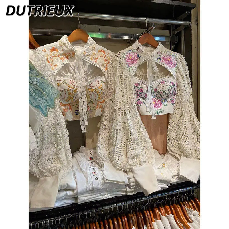 

Sweet Kawaii Embroidered Flower Shirt Women Spring Sexy Hollow-out Retro Lantern Sleeve Beautiful Lace-up Blouse Girls Crop Top