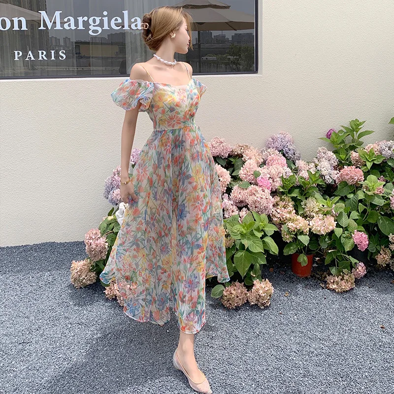 

CUPNICE 2022 Summer Floral Print Off Shoulder Maxi Dress for Women Sweet Puff Sleeve Spaghetti Strap Elagant Long New Vestidos
