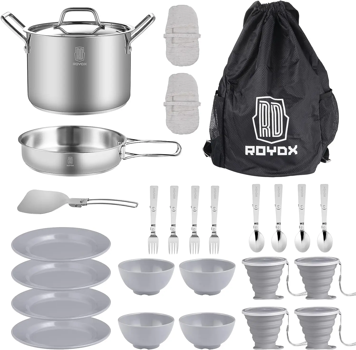 

Набор для приготовления пищи для кемпинга-27 шт., набор для приготовления пищи из нержавеющей стали, складная сковорода, стопка с вилками и ложками