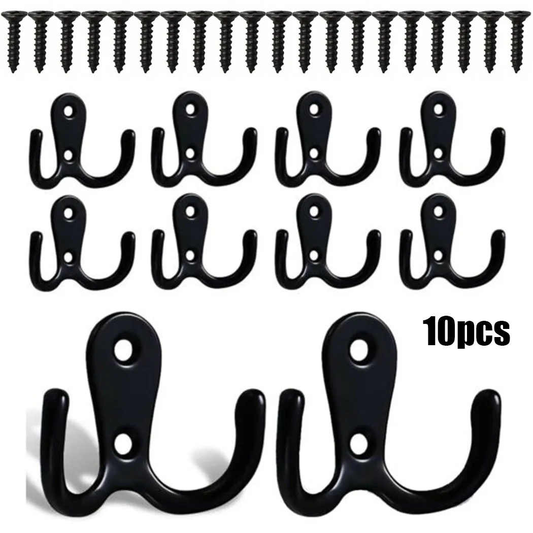 

10pcs Black Zinc Metal Dual Coat Hooks With Screws 53*41mm Double Robe Coat Hooks Door Dress Bathroom Kitchen Clothes Hangers