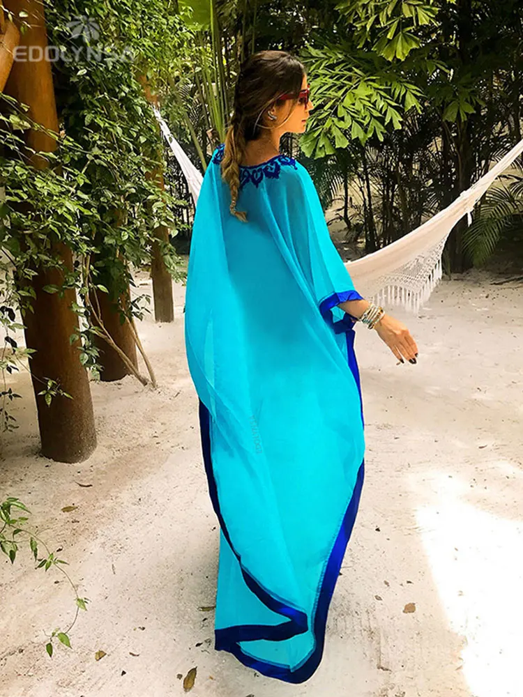 2022 Plus Size Blue Embroidered Summer Beachwear Chiffon Kaftan Beach Woman Tunic Bath Dress Robe plage Swim Wear Cover Up #Q746 | Женская